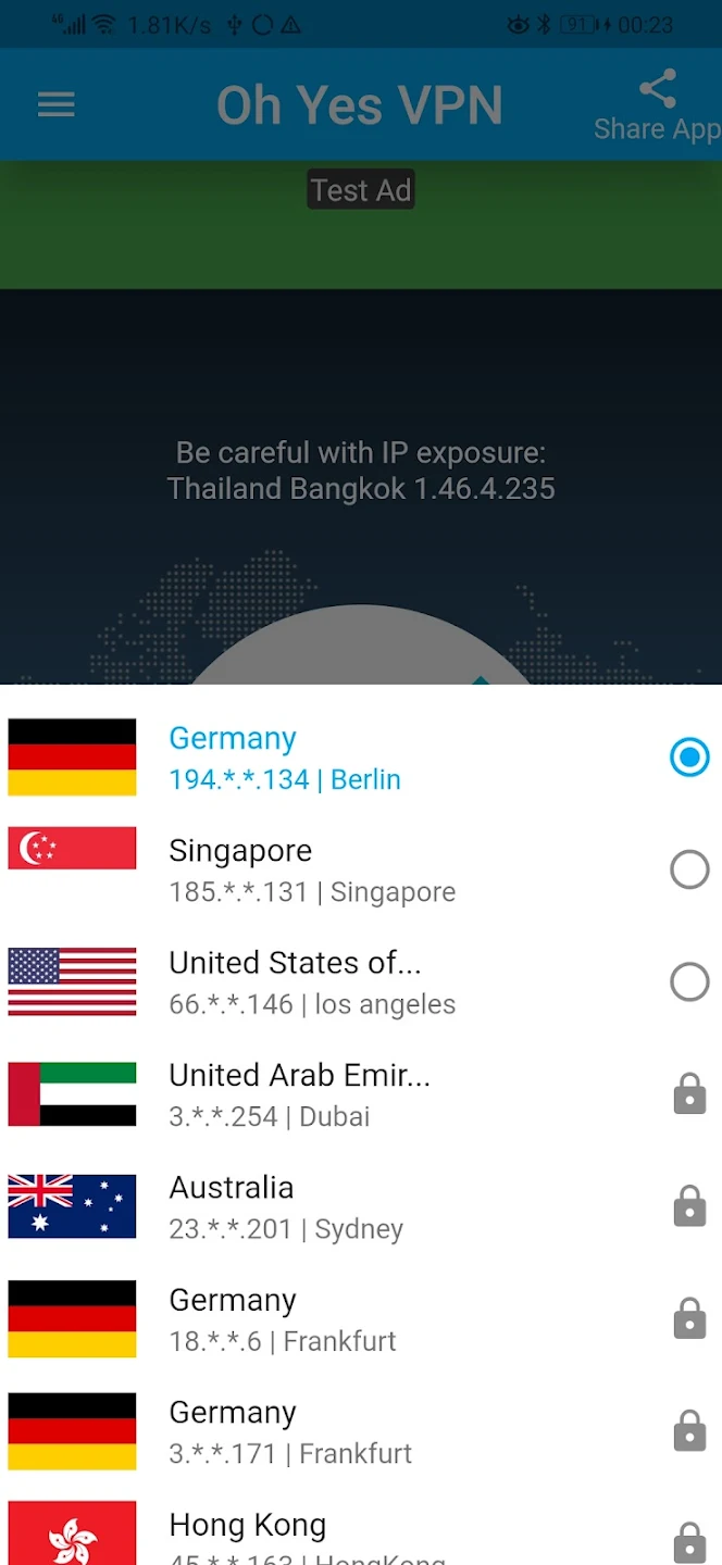 Ohyesvpn running on a phone